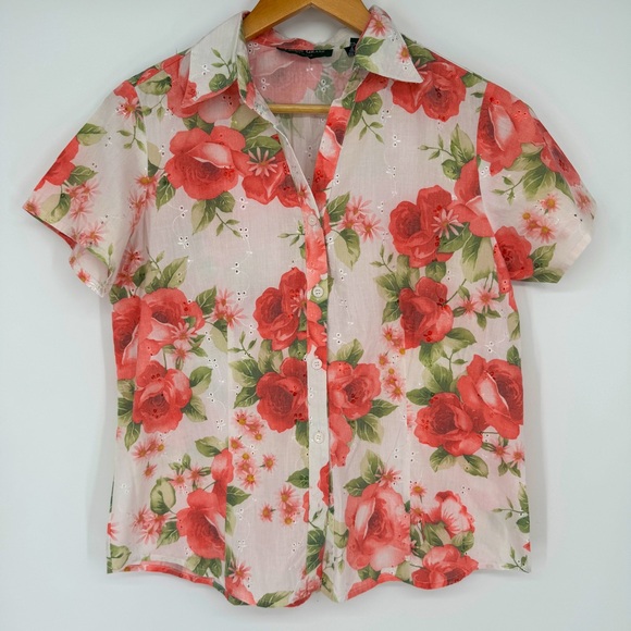 Vintage Lemon Grass Studios floral eyelet short sleeve button down spring top - Picture 1 of 7